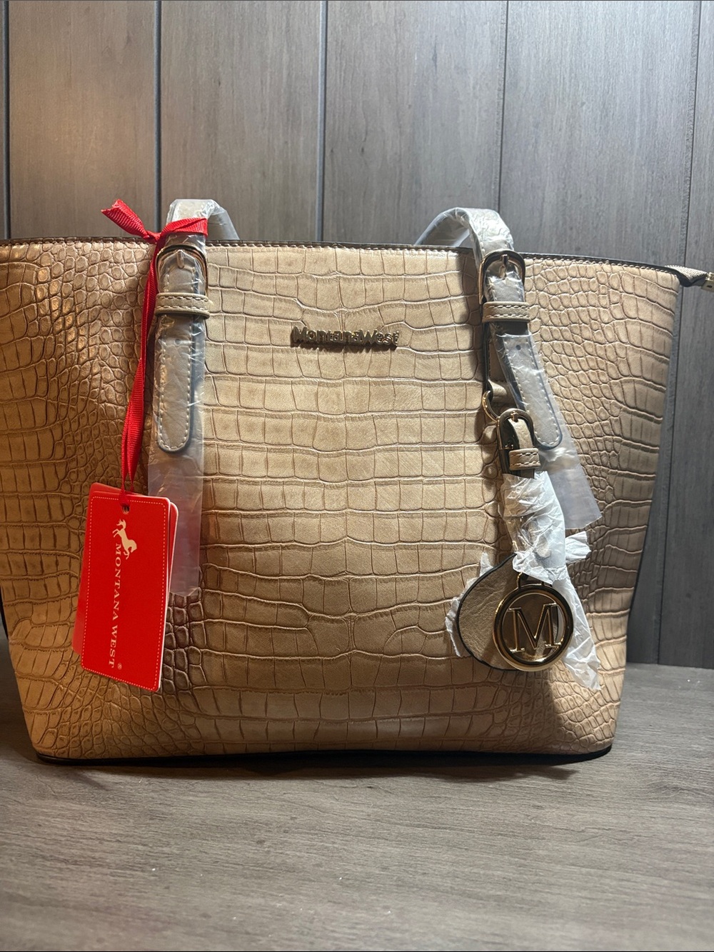 Montana West Taupe Croc-Embossed Tote with Signature Charm #25